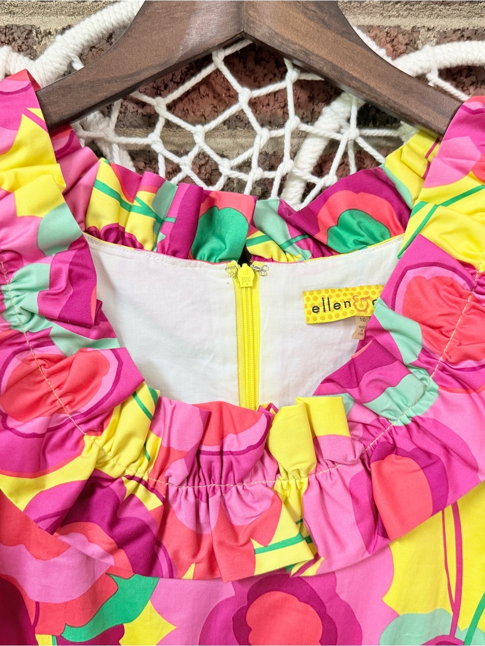 Ellen & Ollie Dress with Pink & Green Floral Ruffles Vibrant Colorful - Picture 3 of 10